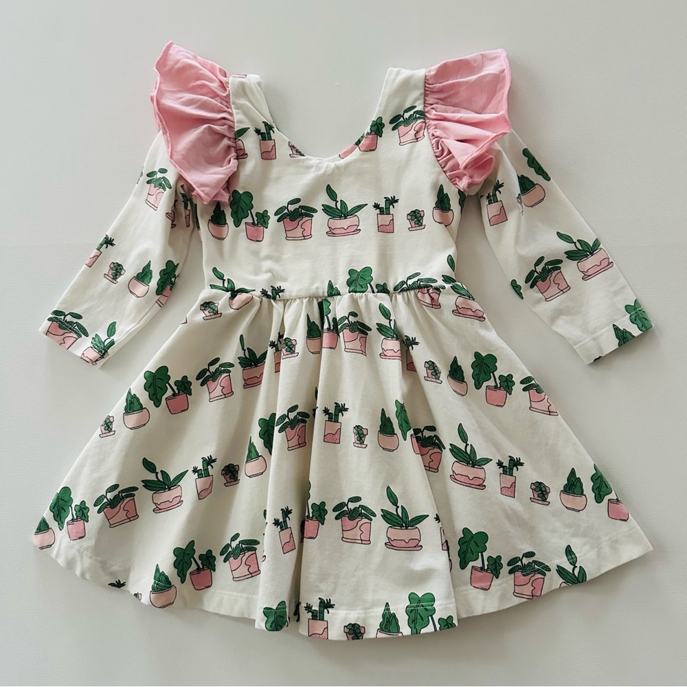 Monica+Andy 2T Toddler Girl Plant Print Dress with Pink Ruffle Sleeves Spring